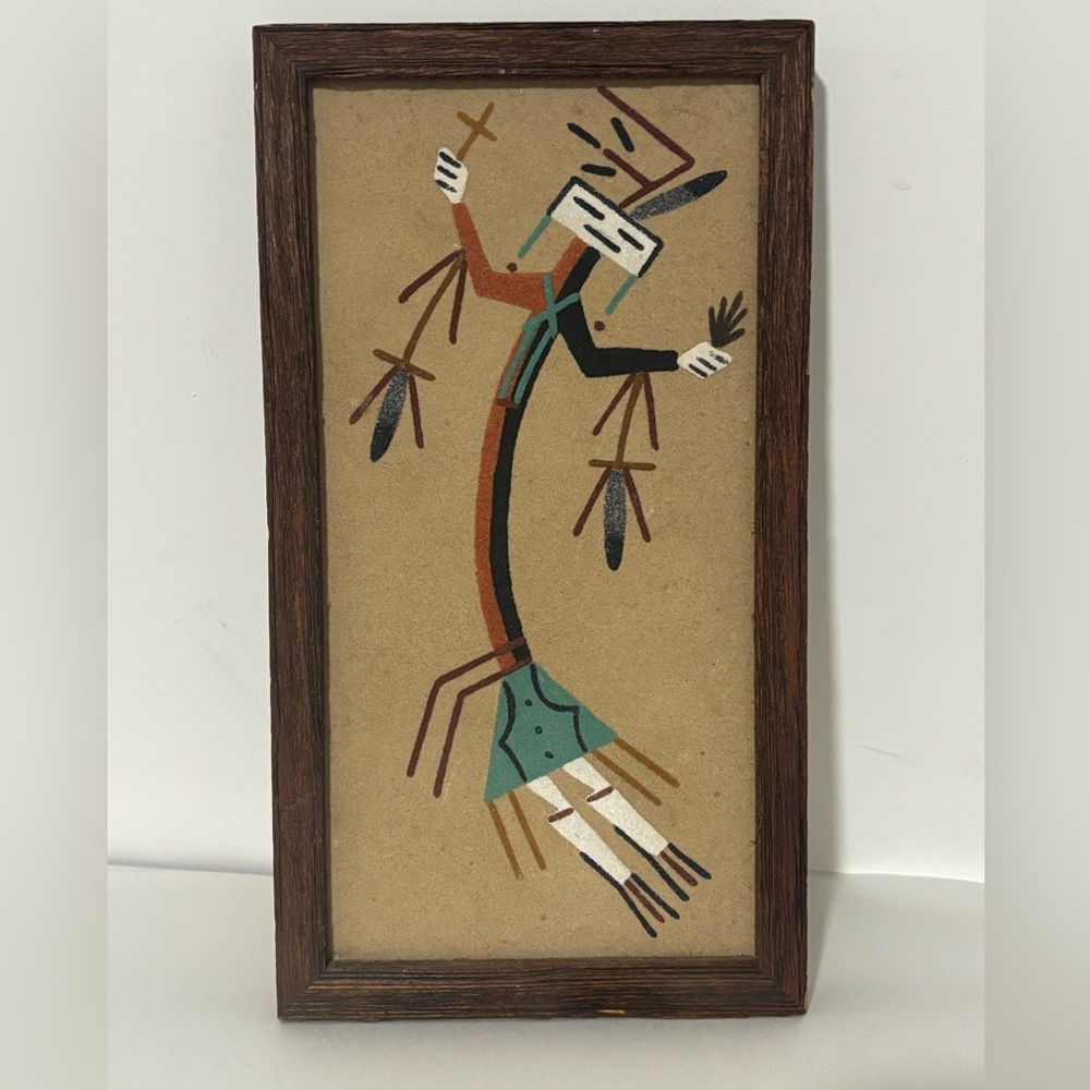 Vintage Native American Indian Traditional Sand Art Painting Wall Hanging 13 X 7